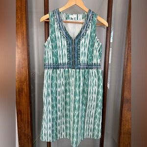 J Jill Dress Size XS Sleeveless Green White Embroidered V Neck India Boho Travel